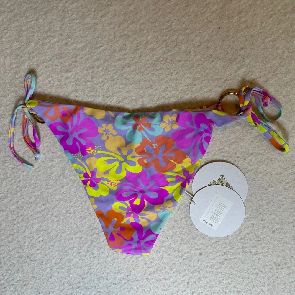 Princess Polly‎ Retro Floral Side Tie Bikini Bottoms Gold O-Ring Purple Multi 12
